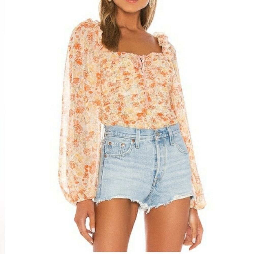 Free people Mable floral top‎ peach Sz S balloon sleeve